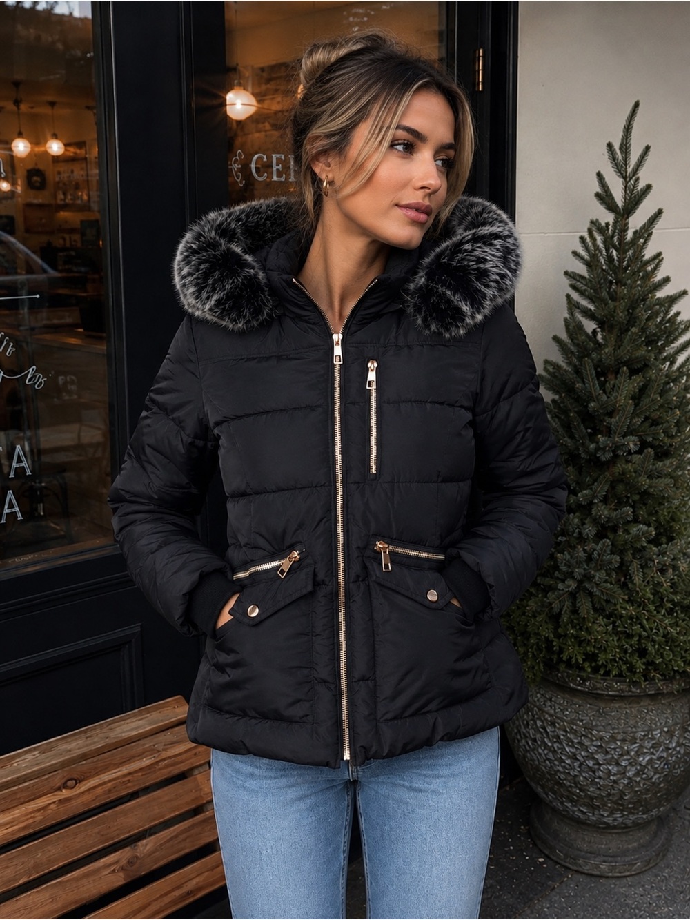 How Dare U Black Fur Hood Puffer Y2K Snow Bunny| Size S